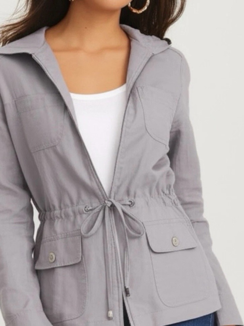 St. Tropez Hooded Drawstring Utility Jacket - Light Gray